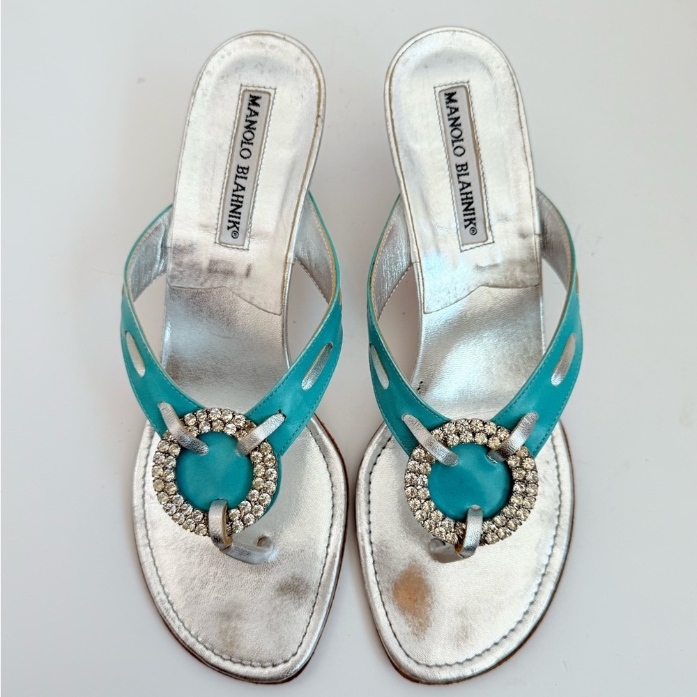 Manolo Blahnik Turquoise Rhinestone-Embellished Thong Heels - Picture 2 of 10